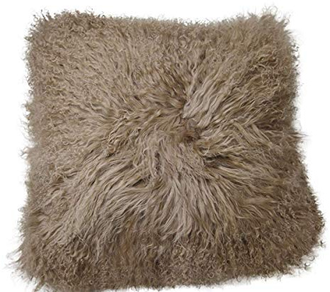 Hollert Lammfellkissen Tibet lockige Wolle 40 x 40 cm + Inlett Daunenkissen echtes Schaffell Zierkissen Dekokissen Sofakissen Farbe Cappuccino