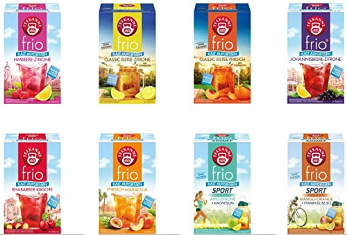 Teekanne frio 8er Pack - mit allen neuen Sorten - Eistee Pfirsich und Zitrone, Rhabarber-Kirsche, Sport Mango-Orange (8 x 45 g)