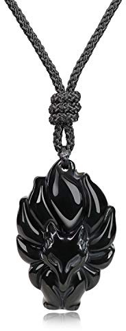 COAI Collier Ajustable Pendentif Renard à Neuf Queues Obsidienne Noire Homme Femme