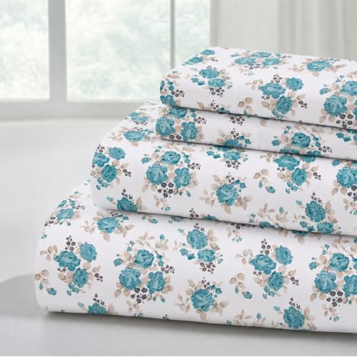 Modern Threads Sábanas Estampadas de Microfibra Suave, sábanas de Microfibra de Lujo, Incluye sábana encimera, sábana Bajera Ajustable con Bolsillos Profundos y Fundas de Almohada Forever Roses Queen