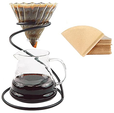 Pour Over Coffee Maker Set – Includes Glass Coffee Dripper, Metal Dripper Stand, Heat Resistance 600ml Coffee Server and 40 Count Paper Coffee Filters, 4 in 1 Set for Home or Office (Black Set)