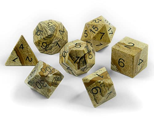 7 polyedrische Stein-Würfel - polierter Naturstein - für Tabletop und Rollenspiele inkl. Aufbewahrungsbox