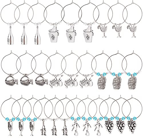 BENECREAT 240Pcs Tibetan Style Alloy Wine Glass Charms, Wine Bottle Theme Markers Tags with Hoop Earing Findings and Beads for Party Favors Decoration Gathering