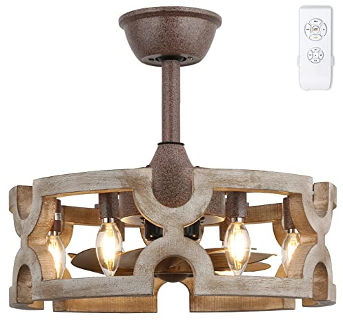 CICIYIG Ceiling Fans with Lights, 46cm Fan Lights Ceiling Bedroom Ceiling Fan Light Fandelier Rustic Boho Wood Chandelier Fan Fixtures Vintage Ceiling Fans with Lamps and Reomte Dining Room E14 Base