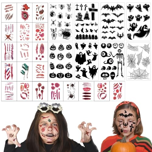 Qunkun Halloween Temporäre Tattoo Aufkleber, Temporäre Tattoos, Narben Tattoos, Karneval Tattoo, Wasserdicht Terror Aufkleber, Tattoos Aufkleber, Gesicht Tattoos Aufkleber für Halloween Cosplay