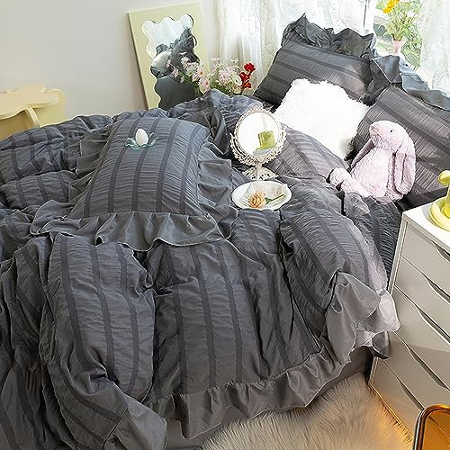 GETIYA Elegant Dunkelgrau Seersucker Bettwäsche 135x200 Damen Mädchen Bettwäsche mit Rüschen Seersucker Bettbezug Einzelbett Weich Mikrofaser Bettwäsche Grau mit 1 Kissenbezug 80x80