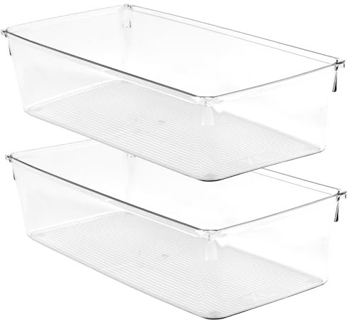 Amtido Clear Drawer Organiser Tray Set, 2 Pack – Durable Storage Containers for Kitchen, Pantry, Office & Cosmetics – Plastic Drawer Organiser Fits Drawers, Cupboards & Fridge - 15.2 x 30.5 x 8.3cm