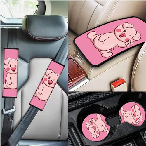 BWEGRHE Pink Pig - Cuscinetti per cinture di sicurezza auto, 5 in 1, copertura per console centrale e sottobicchieri per auto, copertura protettiva per cinture di sicurezza, per adulti, ragazzi e