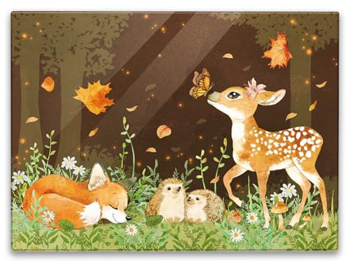 Tiere des Waldes Schneidebrett in 39x28cm im Aquarell-Stil ein herbstliches Küchenbrett für Hobbyköche mit Motiv Frauen Geburtstag Glas Natur Schneidbrett Herbstmotiv