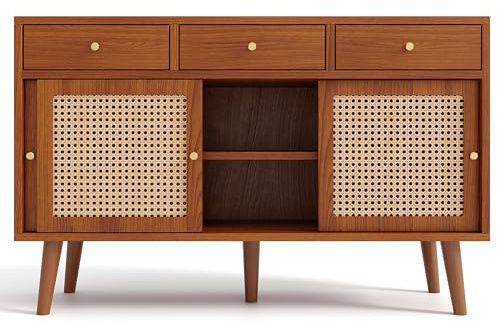 I0I&I0I Buffet – Commode avec 3 tiroirs et 3 portes coulissantes, tressage en rotin sur les façades de portes, pieds en bois massif, poignées en métal doré, étagères réglables (noyer)