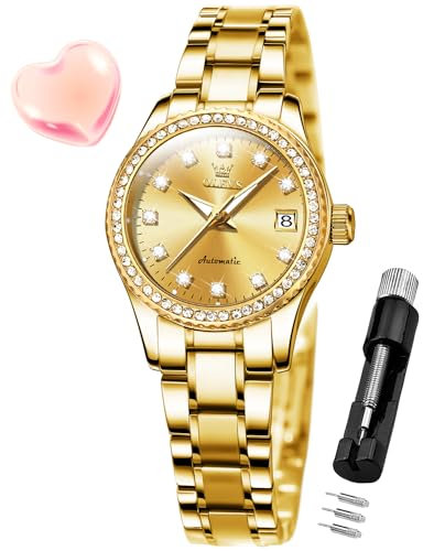 OLEVS Automatikuhr für Damen - Diamant, Modisch, Luxuriös, Mechanisch, Selbstaufziehend, Edelstahl-Armbanduhr, Leuchtend, Wasserdicht, 7003-Gold
