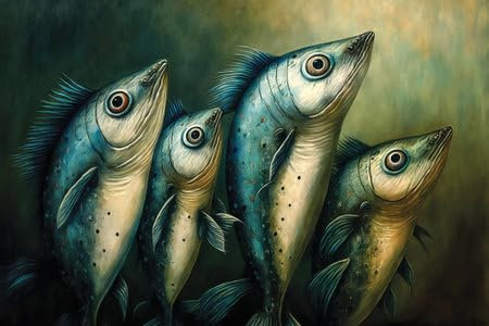 adrium Acryl-Bild 50 x 30 cm: Digitale surreale Malerei von niedlichen Comic-Fischen, Makrelen mit großen Augen, Fantasy-Tapete (194791350)