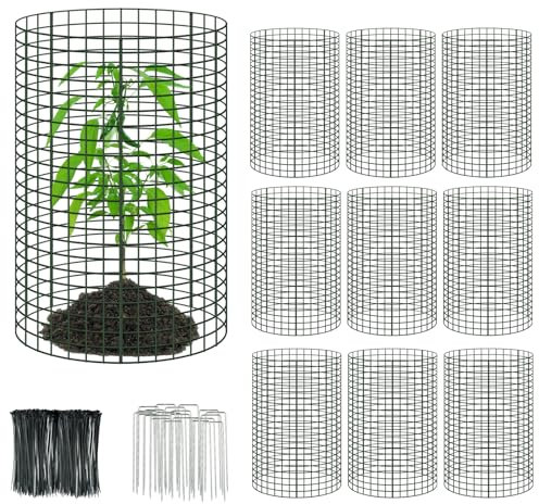 10 paket 24 tum x 12 tum stor tråd växtskydd tråd växtburar nät växtbur kycklingtråd cloche med markinsatser och nylonband skyddar växter, trädgård, buskar och grönsaker från djur – 30 st