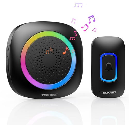TECKNET Wireless Doorbell, IP66 Waterproof Plug in Doorbell with RGB Light, Portable Cordless Door Chime Kit with 1,300 feet Long Range, 60 Chimes & 5 Levels Volume Door Bell for Home (Black)