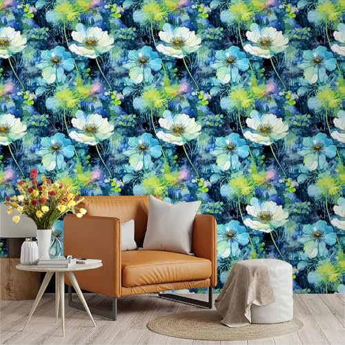 Selbstklebende Tapete Grüne Blume Blau Strukturtapete Wandtattoo Schlafzimmer Tapete Selbstklebend Vliestapete Wallpaper for Living Room Tapeten Leicht zu Entfernen Wandschutzfolie 45x300cm