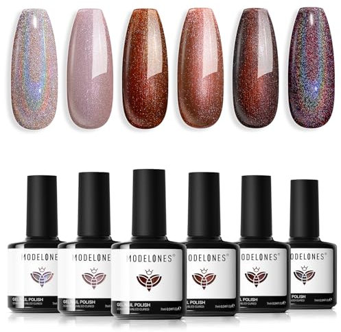 Modelones Gel Nail Polish Set, 6 Colors Nude Brown Chameleon Gel Polish Purple Brown Gel Nail Polish Set Soak Off Glitter Nail Gel Nail Art DIY Manicure Salon and Home for Women