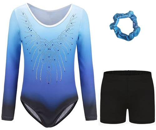 Kiscorpse Gymnastics Leotards for Girls Long Sleeve/Sleeveless Sparkle Ballet Dance Gymnastics Athletic Leotards Shinning Diamond for Kids 5-12 Years (Blue-long sleeved set, 9-10 Years)