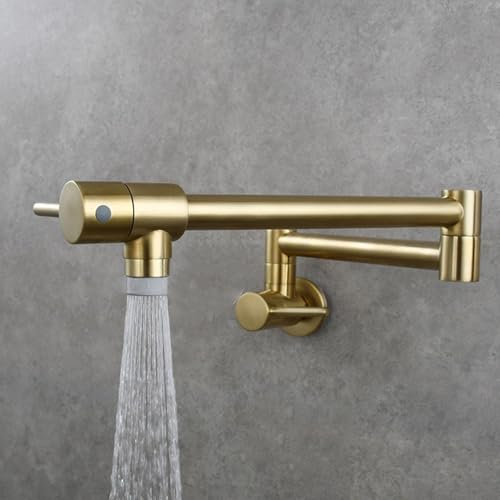 Grifos de cocina modernos de oro cepillado montados en la pared con boquilla giratoria plegable, control de doble palanca y agua fría individual, ideal para espacios pequeños