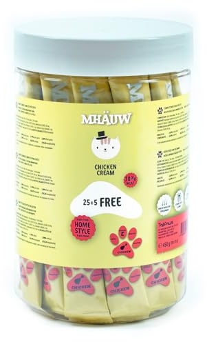 Mhauw Alimento per Gatti Naturale - Crema di Pollo 30 Snack da 15 Gr. Cad. Senza coloranti o aromi Artificiali e conservanti - Cibo Umido per Gatti Offerta - Snack per Gatti sterilizzati
