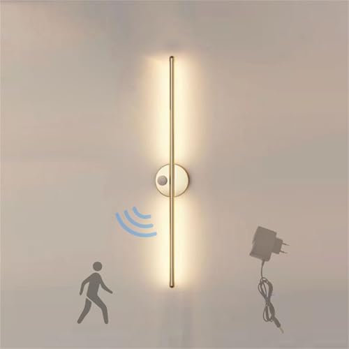 LED Wandleuchte Innen Aufladbare mit Bewegungsmelder Wandleuchten Moderne Aluminium Kabellos Wandlampe Lange Batteriebetrieben Schlafzimmer Wandbeleuchtung für Wohnzimmer (Gold-Weißes Licht,100cm)