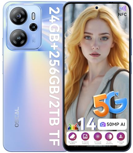 OSCAL Tiger 13 5G Handy ohne Vertrag Gemini AI 24GB+256GB/2TB, Android 14 Smartphone ohne Vertrag 90Hz 6.67 HD+, 50MP AI Kamera, 4K Video, 18W Schnellladung/5000mAh, Face ID/Fingerprint/OTG/NFC