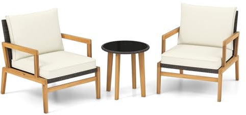 3-teiliges Rattan-Terrassenmöbel-Set für den Außenbereich, mit weichen Kissen und Tischplatte aus gehärtetem Glas, ideal für Veranda, Hinterhof, Pool, Holz-Bistro-Set für komfortable Gespräche im