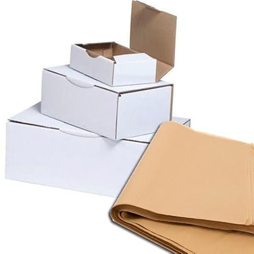 25 Cajas Automontables Blancas 16,5x11x6cm (Interiores) + 25/30 Hojas de Papel Manila (60x43cm), Cajas Postales de Cartón Ideal para E-Commerce y Envío Seguro (16,5x11x6cm - 25 Blancas +25/30 Papel)