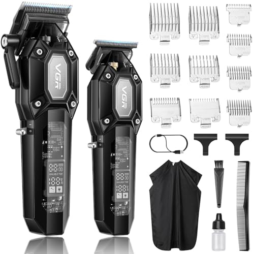 VGR Tondeuse Cheveux Hommes Professionnel Sans Fil, Kit Tondeuse à Cheveux Homme avec 10 Peigne de Limite, Rechargeable USB avec Écran LED, Noir
