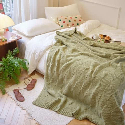 Strickdecke für Couch und Bett - Einfarbig, Flauschige Textur, Weiches Gemütliches Design mit 3D-Muster, Leicht Aber Warm(Green)
