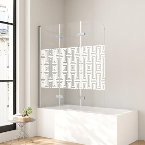 Duschwand für Badewanne 120 x 140 cm 3-teilig Weißem Muster Faltbar Duschtrennwand Silber Faltwand Duschabtrennung 6mm Nano Glas Badewannenfaltwand