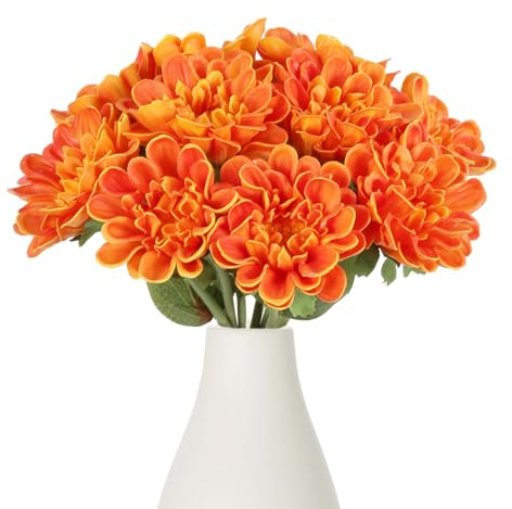 IPOPU Orange Chrysanthemum Artificial Flowers 10pcs Fake Mums 13inch Faux PU Dahlia Flower Dahlia Flower with Stem for Home Wedding Office Table Centerpiece Floral Arrangement Decor(Orange)