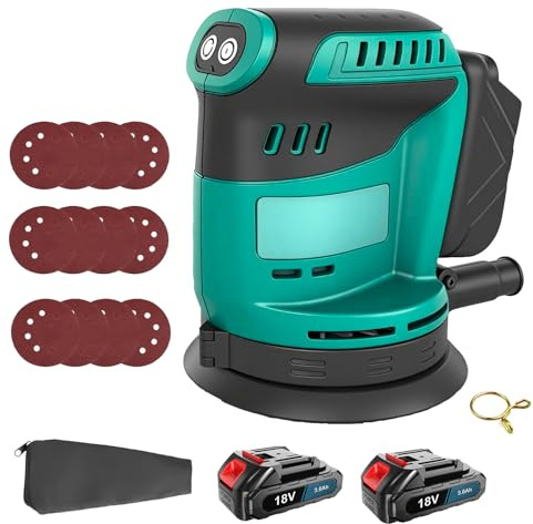 Akku-Exzenterschleifer für Makita 18V 2x 3.0AH Akku,mit 12 pcs Schleifpapier (Körnung 80/120/240, 8 Löcher, 125mm Schleifteller),3 Gänge 7500-15000RPM,für Schleifen und Polieren von Holz