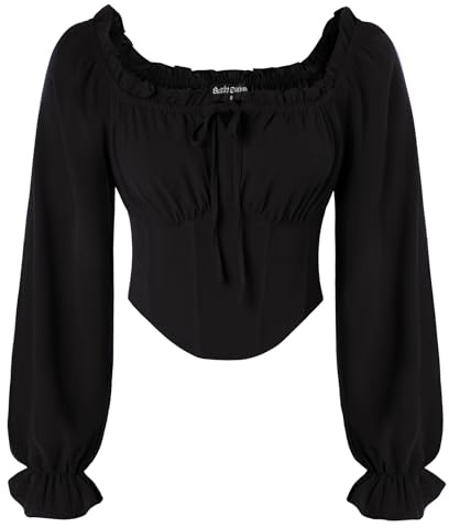 SCARLET DARKNESS - Top corto medievale da donna, a maniche lunghe, con corsetto, collo quadrato, elastico in vita, camicia pirata, Nero , S