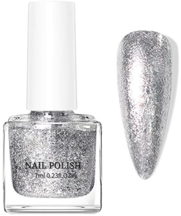 Silver Glitter Nail Polish - Sparkly Nail Polish Quick Dry - High Density Glitter Nail Varnish No UV Needed - Diamond Reflective Silver Nail Art Polish For Women Girls Manicure DIY