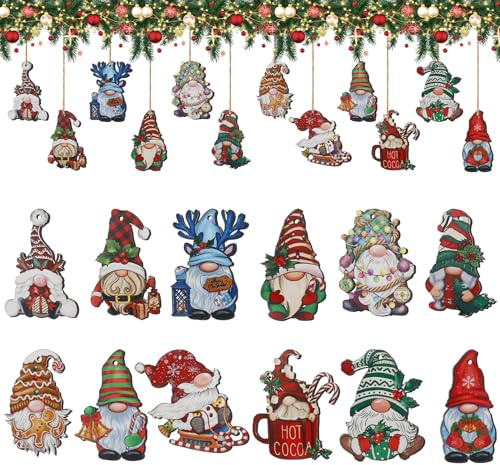 24 Pièces Décoration Sapin de Noël en Bois | Ornements et Pendentifs à Suspendre Style Père Noël & GNOME | pour Arbre et Décoration Intérieure Maison