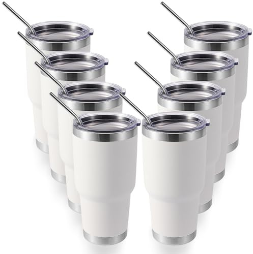 Volhoply 305 ml isolerad tumlare med lock och sugrör, dubbla väggar inre och yttre 304 rostfritt stål tumlare bulk, pulverlackerad kaffekopp för kontor, hem, resor (vit, 8-pack)