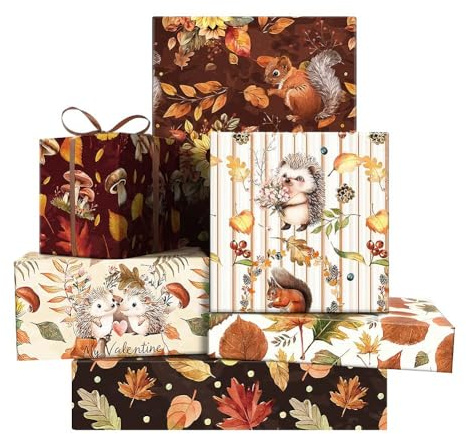 Geschenkpapier für Herbst und Herbst, Ahornblätter, Eichhörnchen, Sonnenblume, Fuchs, Igel, Wald, 50 x 70 cm pro Blatt, flach gefaltet, 6 Blatt, mit Band, saisonales Geschenkpapier für Thanksgiving