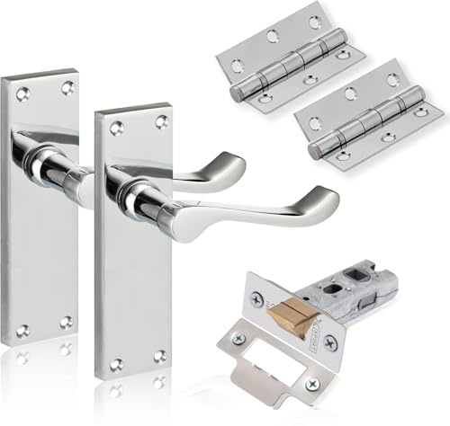 Victorian Door Handle Set, Polished Chrome, 6 Backplate Scroll Lever, Complete with 65mm Latch and 75mm Ball Bearing Hinges