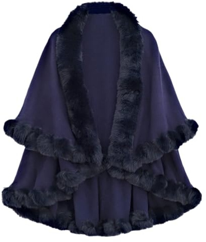 Genérico Poncho Capa de Pelo para Mujer, Estola Chal de Punto Invierno Cálido, Boleros Abrigo Cárdigan Abierto con Cuello de Piel Sintética para Fiesta Boda Invierno (Azul marino)