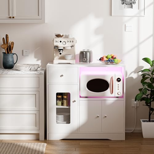 Ztexkee Küchenschrank mit Arbeitsplatte Mikrowelle Buffetschrank mit Steckdose Küche Sideboard mit 1 Schubladen 2 Schränke und Mikrowellenregal Anrichte 83x40x80cm für Esszimmer Wohnzimmer Weiß