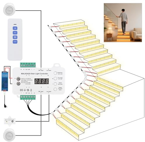 Intelligente Treppenbeleuchtung 20 Stufen Warmweiß 3000 K, LED COB Stufenlicht Set mit Bewegungsmelder und Lichtsensor, Smart Stair Lighting System für Innenräume, automatisch und energiesparend