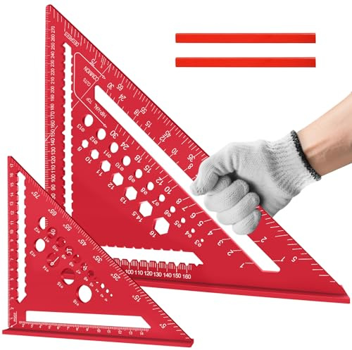 Flintronic 2 Pezzi Squadra da Falegname, Metallo Squadra Combinata, con 2 Matite da Carpentiere, 7 & 12 Pollici Righello Triangolare Metrico in Alluminio, per Misurazione, Disegnare, Segnare