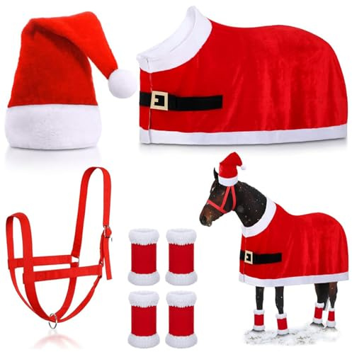 Disfraces para Caballos para Usar Disfraz de Caballo Rojo con Gorro de Papá Noel, envolturas para piernas, Silla de Montar y Cabestro para desfiles de Fiestas navideñas de Invierno, Disfraces para ca