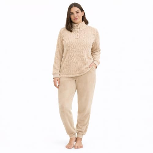 Vionara Home Pigiama Donna Invernale in Caldo e Morbido Coral Fleece, Set Pigiama in Pile, Collo Alto con 3 Bottoni, Ideale per Le Notti Fredde (IT, Testo, M, Regular, Regular, P606 - Beige)