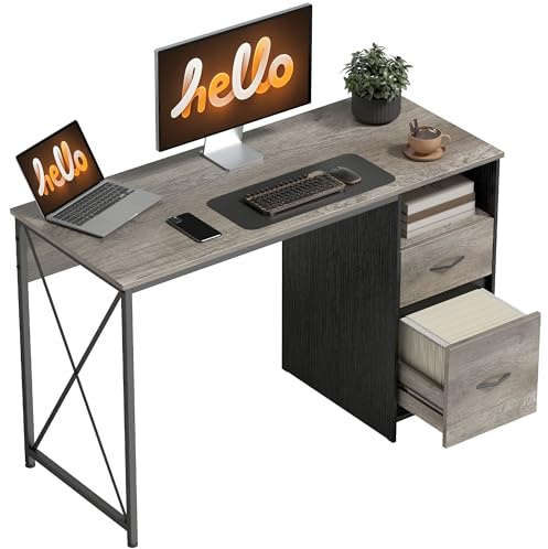 HOMCOM Mesa de Ordenador Compartimento y 2 Cajones 120x50 cm Gris Claro | Escritorio de Ordenador Industrial, para A4, para Cartas, Oficina, Estudio