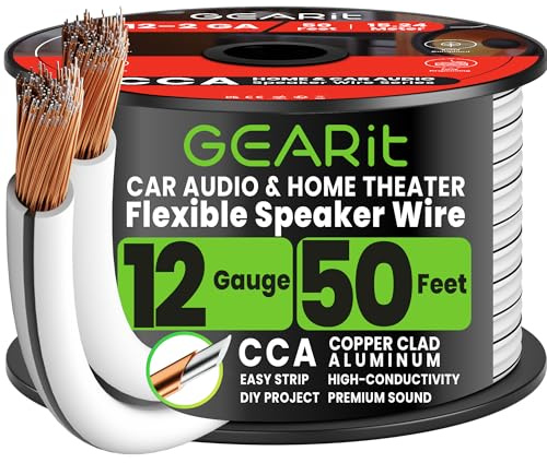 GEARit 12 Gauge Speaker Cable 50ft, Flexible 2x4mm² Speaker Wire with Polarity Markings, 2-Core 12AWG CCA Audio Cable for In-Wall Home Cinema, Car Audio Stereo, HiFi Surround Sound (White)