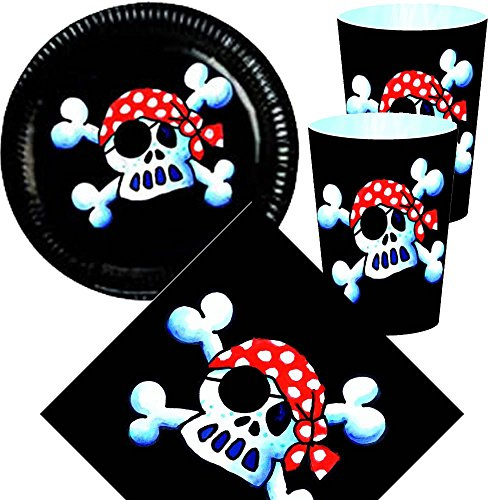 36 TLG. Jolly Roger-Set für Kindergeburtstag: Teller + Servietten + Becher + Deko | Party Dekoration Kinder Geburtstag Mottoparty Pirat Totenkopf
