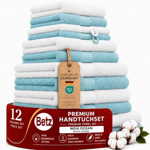 Betz Premium Handtuch-Set 12-teilig – 100% Baumwolle – Oeko-TEX® Zertifiziert – 470 g/m² – 2 Duschtücher, 4 Handtücher, 2 Gästetücher, 2 Seiftücher & 2 Waschhandschuhe - Farbe weiß/Ocean