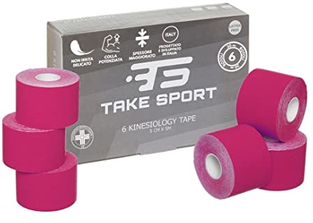 TS TAKE SPORT Kinesiology Tape 5 cm x 5 m – 6 rollos rosa elástico, kinesiotape de algodón y elastano, cinta kinesiológica adhesiva, vendaje neuromuscular, ideal fisioterapia, crossfit, boxeo