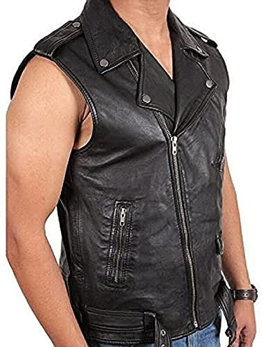 HiFacon Herren Motorrad-Weste, echtes Schaffell, Vintage, Schwarz Gr. XXX-Large, Schwarz – mehrere Taschen
